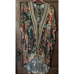 Asa Kaftans Black Red Rose Floral Open Front Kimono Rhinestone One Size w/ Wrap